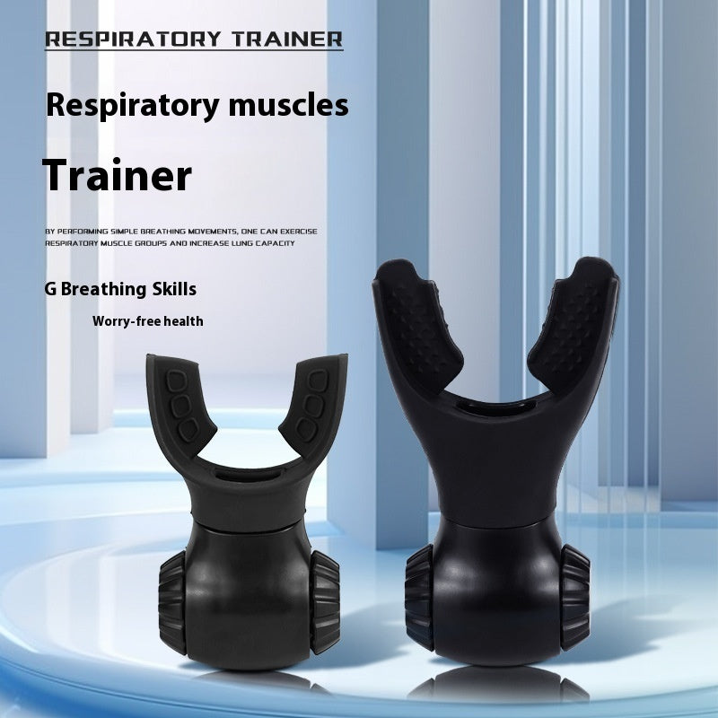 Two Portable Lung Capacity Abdominal Breathing Trainers stand upright against a light blue background. The text highlights respiratory muscle training, better breathing for running, and worry-free health with durable ABS silicone construction.