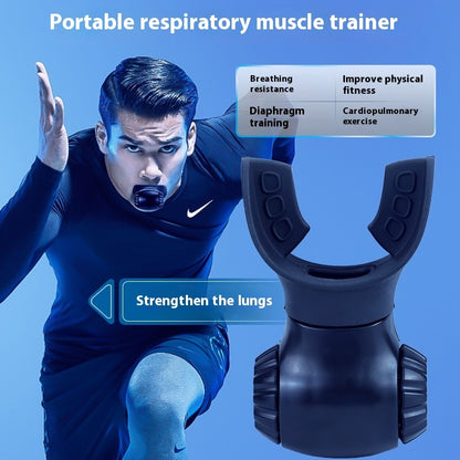 A man in athletic wear uses the Portable Lung Capacity Abdominal Breathing Trainer, a black ABS silicone device offering breathing resistance, improved fitness, diaphragm training, and lung strengthening—ideal for runners and athletes.