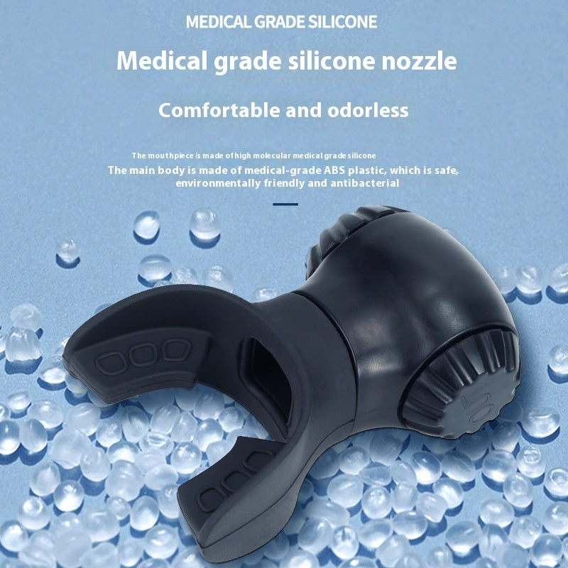 A Portable Lung Capacity Abdominal Breathing Trainer with a black ABS silicone nozzle is displayed on a blue background with translucent beads. It’s described as comfortable, odorless, antibacterial, and made from medical-grade materials.