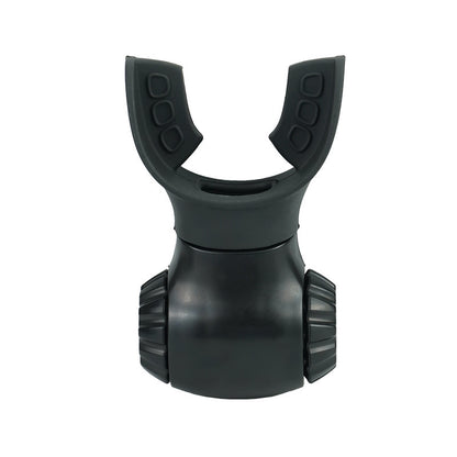 A black ABS silicone mouthpiece with textured bite tabs and two side clips, designed for the Portable Lung Capacity Abdominal Breathing Trainer, shown against a white background.