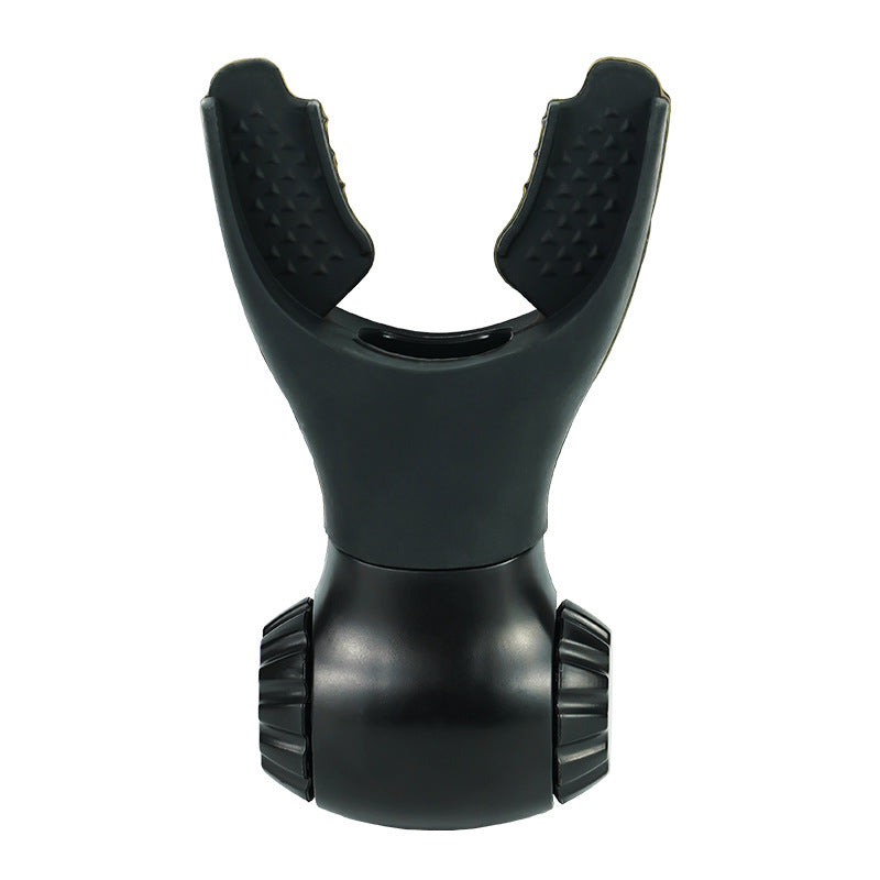 The Portable Lung Capacity Abdominal Breathing Trainer is a black ABS silicone mouthpiece with textured bite tabs and two ridged side adjustment knobs, designed for scuba diving training, shown on a white background.