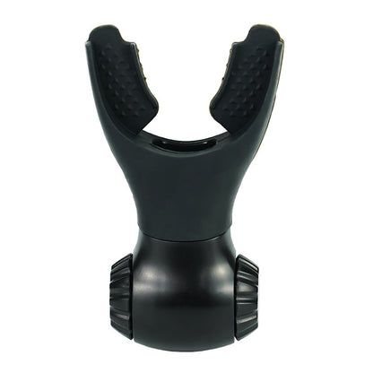The Portable Lung Capacity Abdominal Breathing Trainer is a black ABS silicone mouthpiece with textured bite tabs and two ridged side adjustment knobs, designed for scuba diving training, shown on a white background.