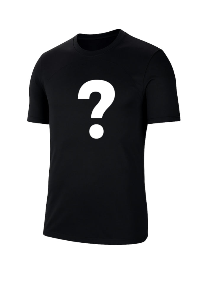 The Mystery Retro Soccer/Football Jersey is a black short-sleeve tee with a bold white question mark on the chest, ideal for minimalist fans or anyone seeking a unique Replica Soccer Jersey alternative.