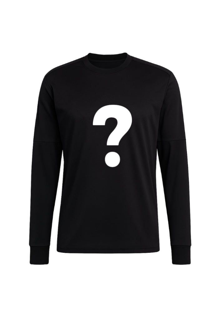 The Mystery Long Sleeve Retro Soccer/Football Jersey is a plain black replica with a bold white question mark at the center of the chest, displayed on a white background.