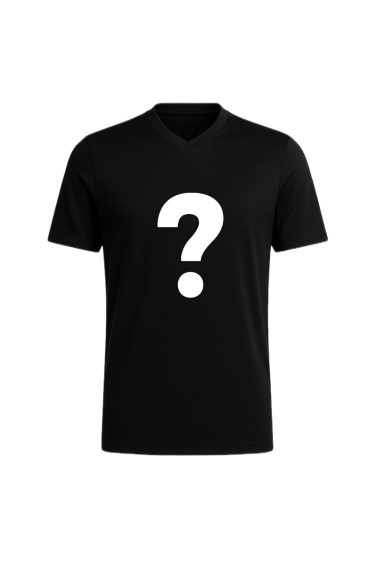 The Mystery Football/Soccer Jersey is a plain black short-sleeve V-neck T-shirt styled like a replica soccer jersey, featuring a large white question mark on the front.